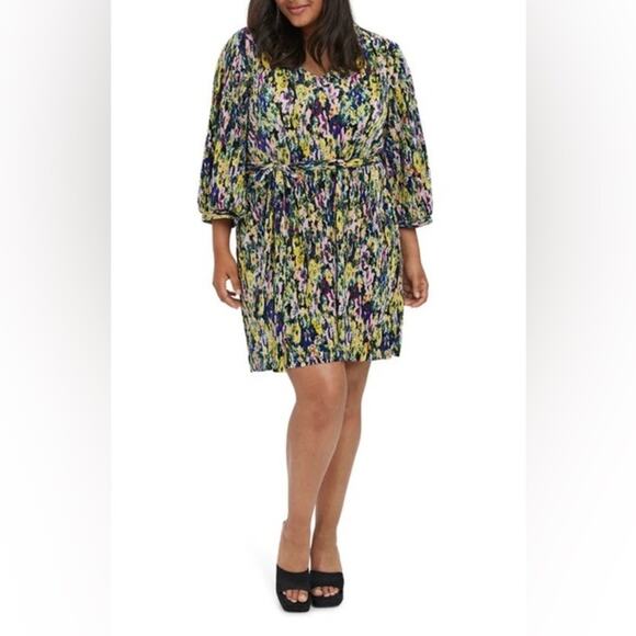 Vero Moda Curve Josy Floral Plissé Minidress Tie Waist Balloon Sleeve Size 16 - Picture 1 of 12